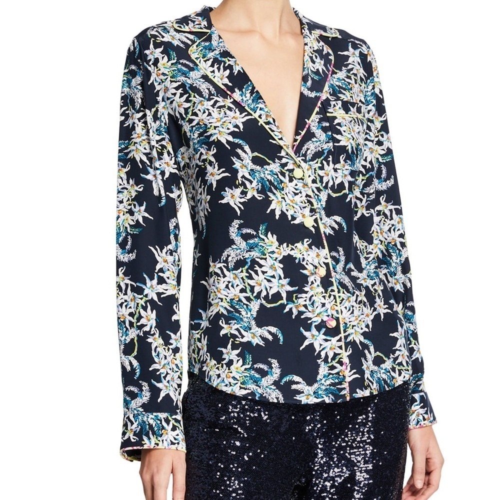 Cinq à Sept Floral Silk Button-Up Shirt Top Asian Pocket Collared Blouse Sz S